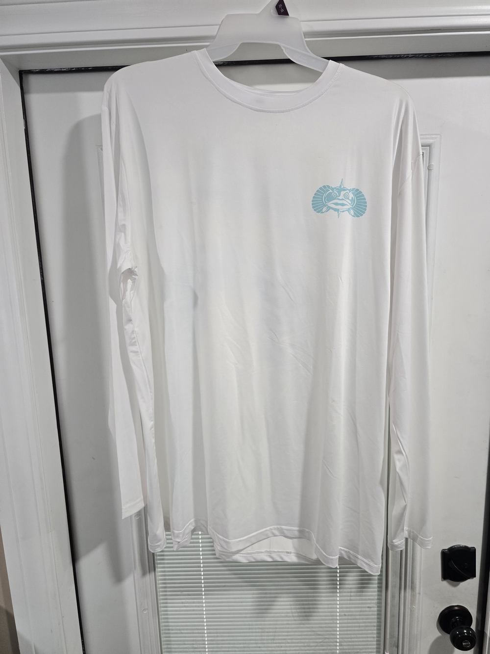 White Long-Sleeve Performance Shirt with Light Blue Logo